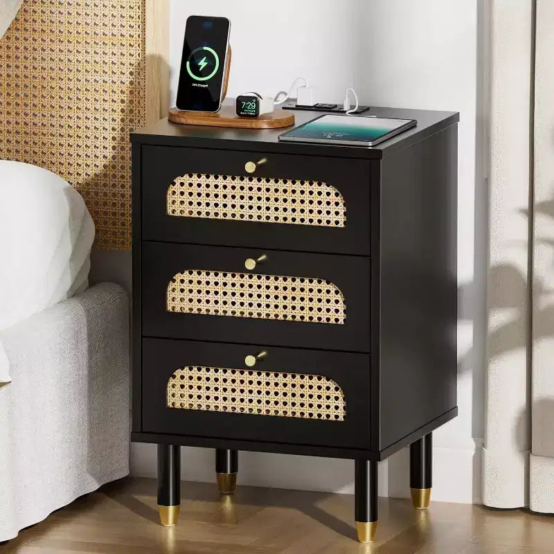 VINGLI Black Rattan Nightstand with Charging Station