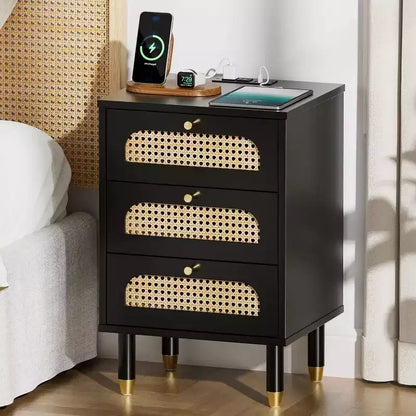 VINGLI Black Rattan Nightstand with Charging Station