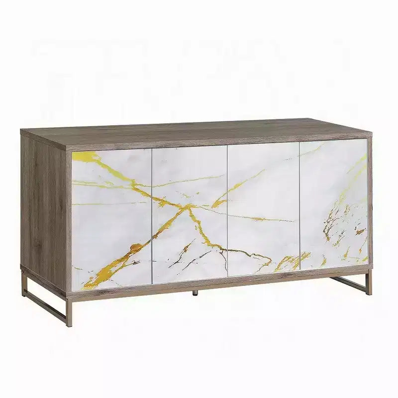 Royal Hampton Sideboard Console Cabinet, White Marble Look 4 Door Brown 65 Inch