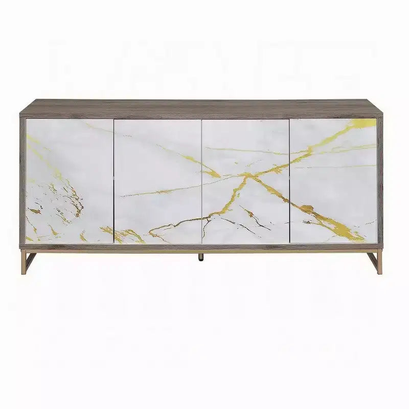 Royal Hampton Sideboard Console Cabinet, White Marble Look 4 Door Brown 65 Inch