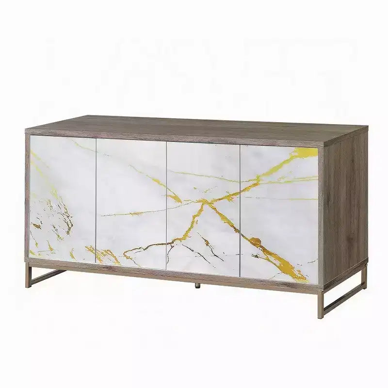 Royal Hampton Sideboard Console Cabinet, White Marble Look 4 Door Brown 65 Inch