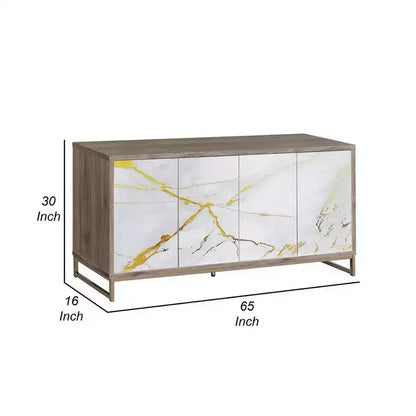 Royal Hampton Sideboard Console Cabinet, White Marble Look 4 Door Brown 65 Inch