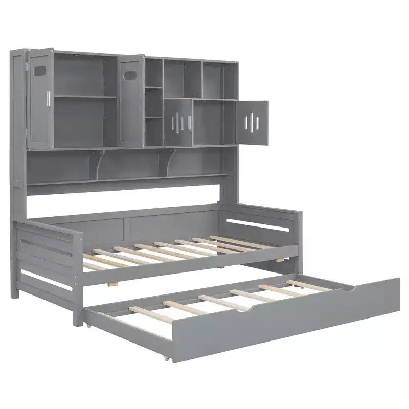 Twin/Full Daybed with and Storage Bookcase, Wood Daybed with Trundle, Wooden Day Bed with Storage Cabinets Shelves