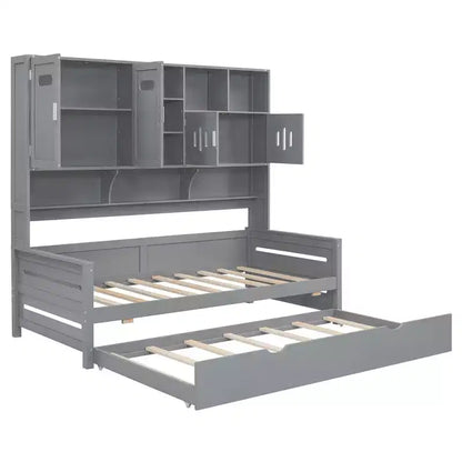 Twin/Full Daybed with and Storage Bookcase, Wood Daybed with Trundle, Wooden Day Bed with Storage Cabinets Shelves