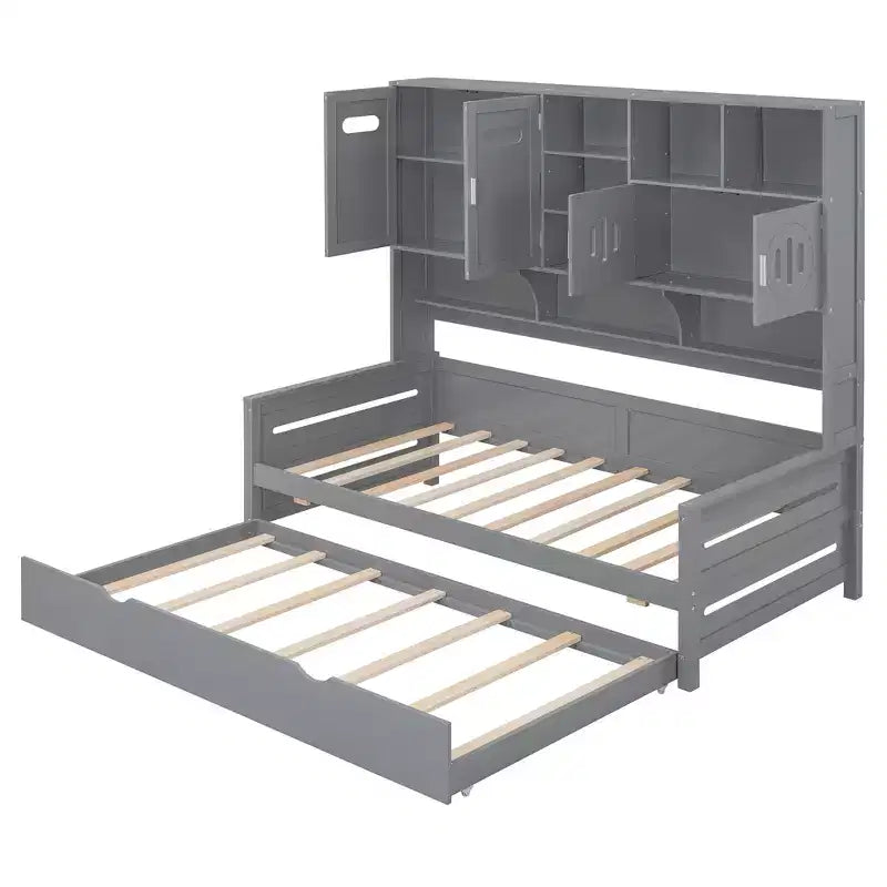Twin/Full Daybed with and Storage Bookcase, Wood Daybed with Trundle, Wooden Day Bed with Storage Cabinets Shelves