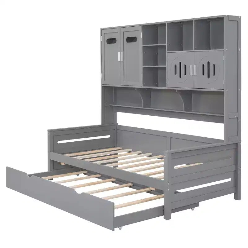 Twin/Full Daybed with and Storage Bookcase, Wood Daybed with Trundle, Wooden Day Bed with Storage Cabinets Shelves