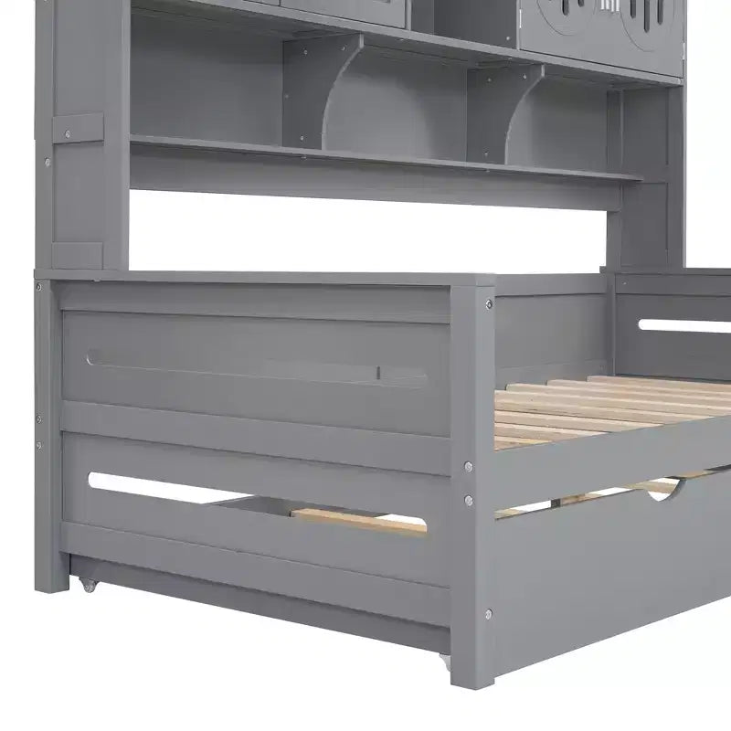 Twin/Full Daybed with and Storage Bookcase, Wood Daybed with Trundle, Wooden Day Bed with Storage Cabinets Shelves