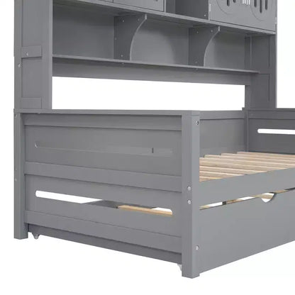 Twin/Full Daybed with and Storage Bookcase, Wood Daybed with Trundle, Wooden Day Bed with Storage Cabinets Shelves