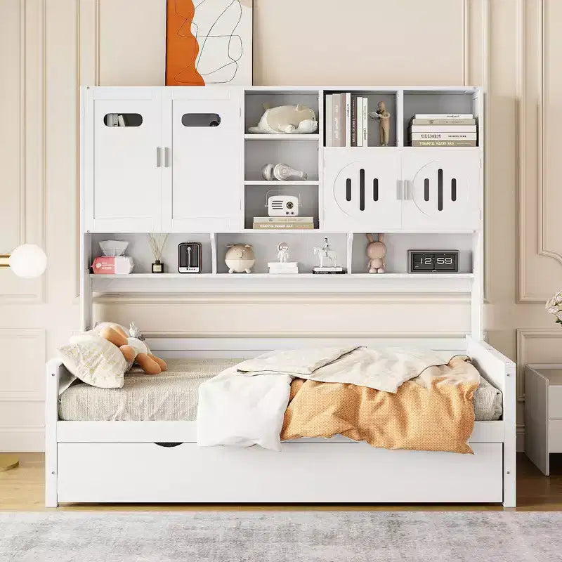 Twin/Full Daybed with and Storage Bookcase, Wood Daybed with Trundle, Wooden Day Bed with Storage Cabinets Shelves