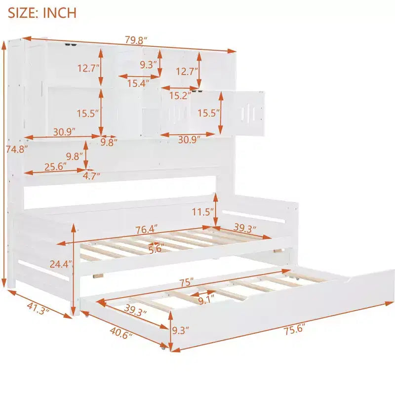Twin/Full Daybed with and Storage Bookcase, Wood Daybed with Trundle, Wooden Day Bed with Storage Cabinets Shelves