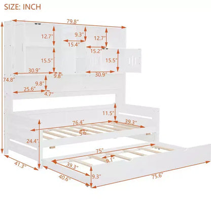 Twin/Full Daybed with and Storage Bookcase, Wood Daybed with Trundle, Wooden Day Bed with Storage Cabinets Shelves