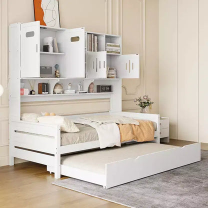 Twin/Full Daybed with and Storage Bookcase, Wood Daybed with Trundle, Wooden Day Bed with Storage Cabinets Shelves