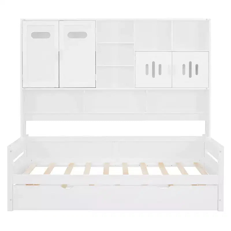 Twin/Full Daybed with and Storage Bookcase, Wood Daybed with Trundle, Wooden Day Bed with Storage Cabinets Shelves