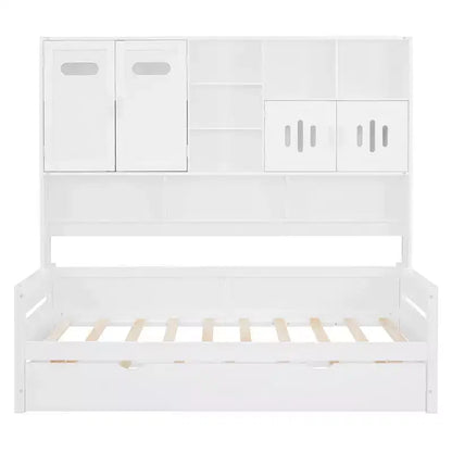 Twin/Full Daybed with and Storage Bookcase, Wood Daybed with Trundle, Wooden Day Bed with Storage Cabinets Shelves