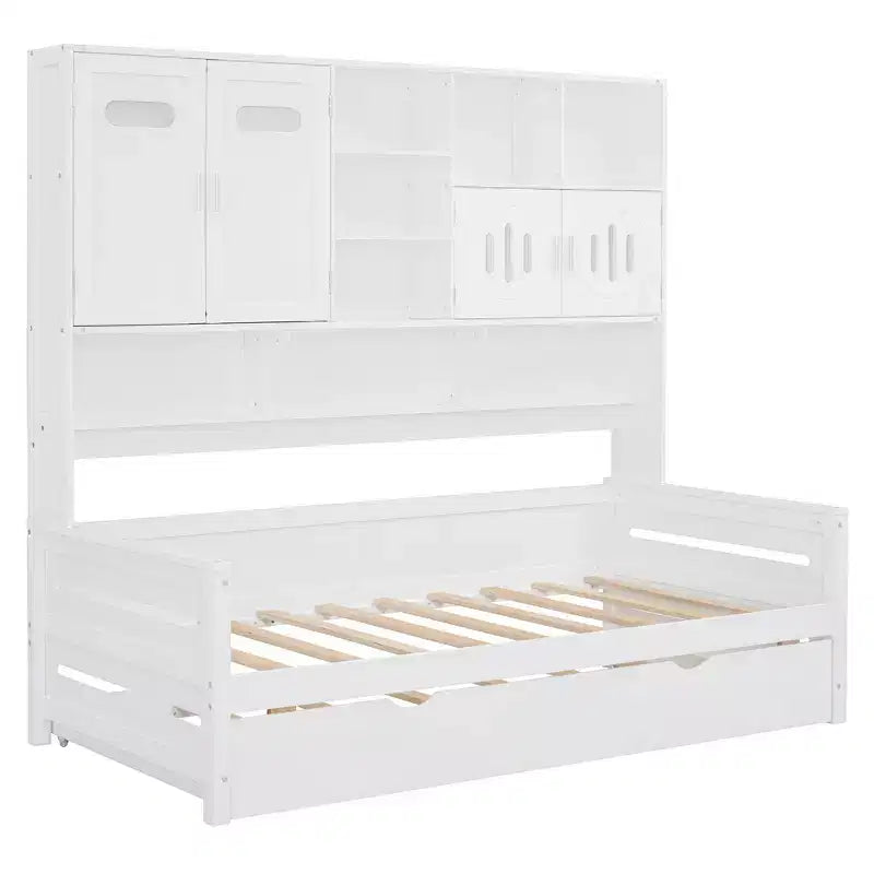 Twin/Full Daybed with and Storage Bookcase, Wood Daybed with Trundle, Wooden Day Bed with Storage Cabinets Shelves