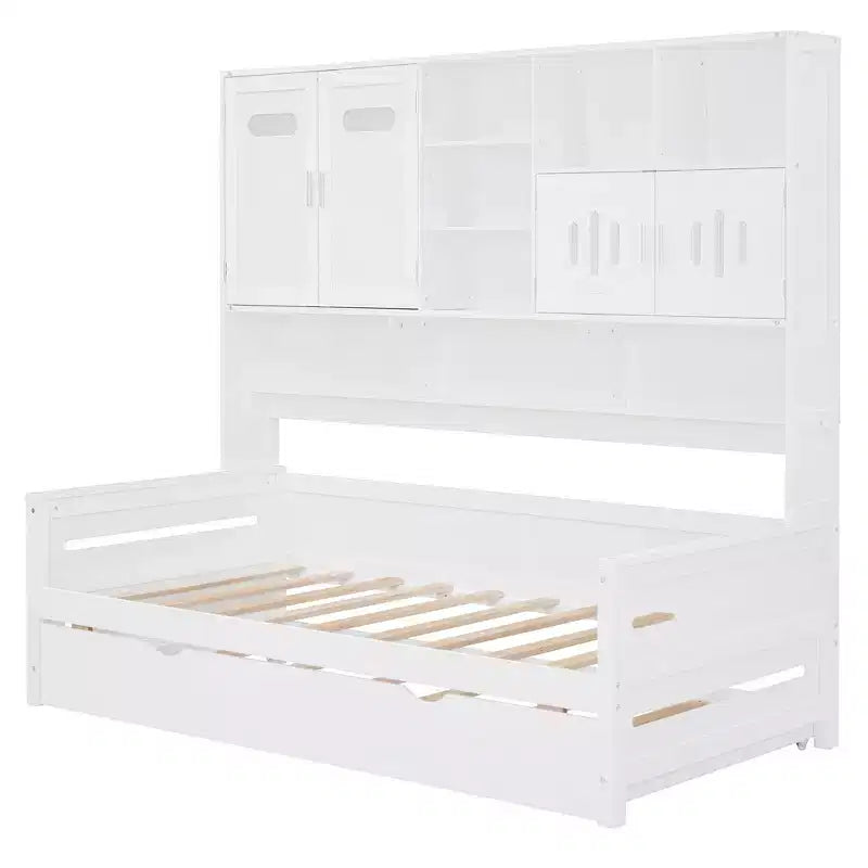 Twin/Full Daybed with and Storage Bookcase, Wood Daybed with Trundle, Wooden Day Bed with Storage Cabinets Shelves