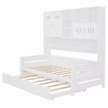 Twin/Full Daybed with and Storage Bookcase, Wood Daybed with Trundle, Wooden Day Bed with Storage Cabinets Shelves
