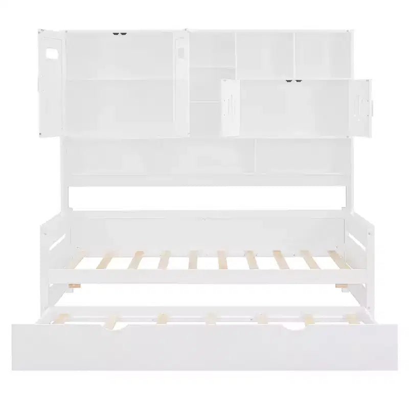 Twin/Full Daybed with and Storage Bookcase, Wood Daybed with Trundle, Wooden Day Bed with Storage Cabinets Shelves