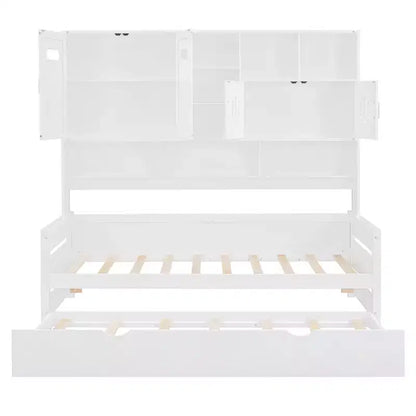 Twin/Full Daybed with and Storage Bookcase, Wood Daybed with Trundle, Wooden Day Bed with Storage Cabinets Shelves