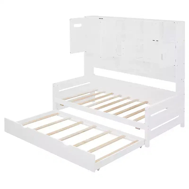 Twin/Full Daybed with and Storage Bookcase, Wood Daybed with Trundle, Wooden Day Bed with Storage Cabinets Shelves