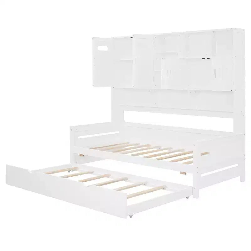 Twin/Full Daybed with and Storage Bookcase, Wood Daybed with Trundle, Wooden Day Bed with Storage Cabinets Shelves
