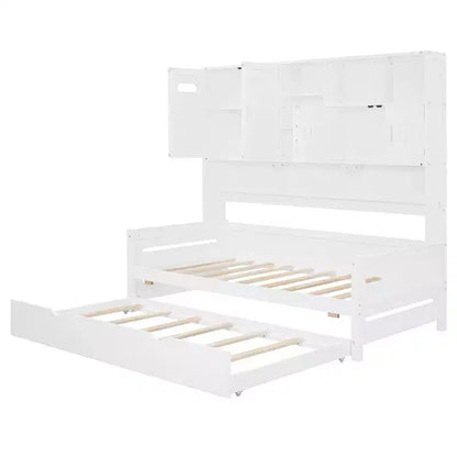 Twin/Full Daybed with and Storage Bookcase, Wood Daybed with Trundle, Wooden Day Bed with Storage Cabinets Shelves