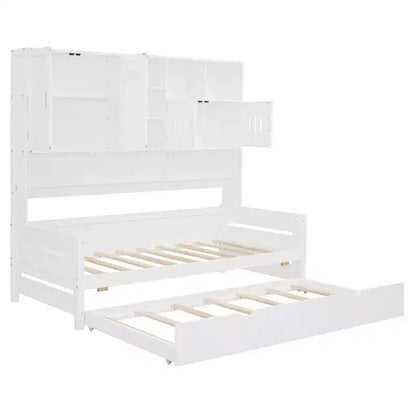 Twin/Full Daybed with and Storage Bookcase, Wood Daybed with Trundle, Wooden Day Bed with Storage Cabinets Shelves