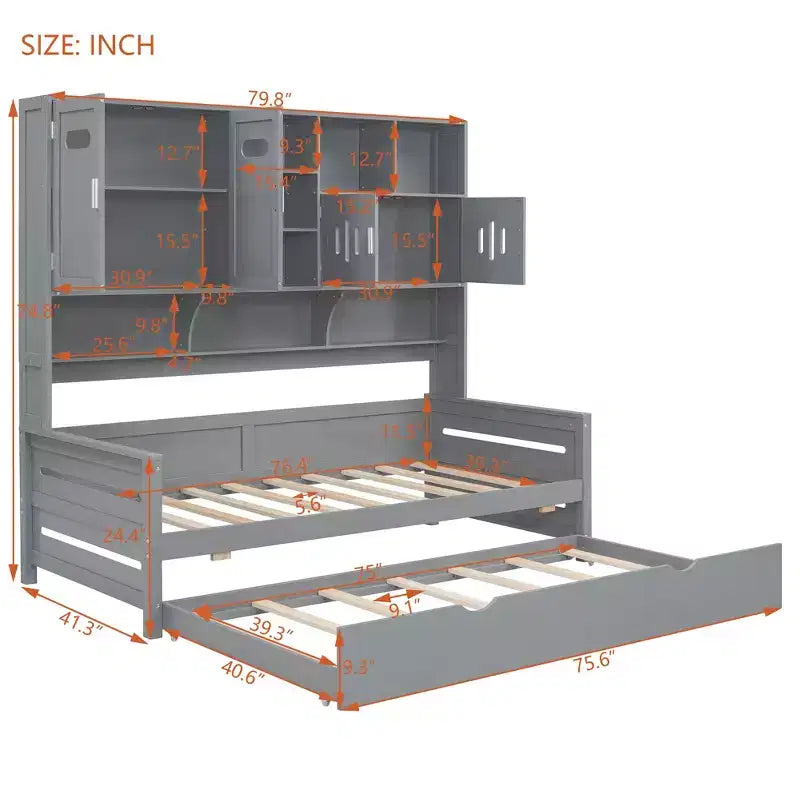Twin/Full Daybed with and Storage Bookcase, Wood Daybed with Trundle, Wooden Day Bed with Storage Cabinets Shelves