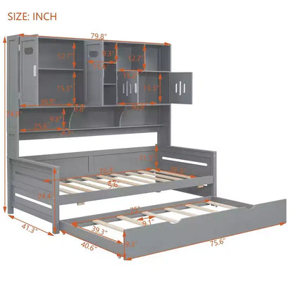 Twin/Full Daybed with and Storage Bookcase, Wood Daybed with Trundle, Wooden Day Bed with Storage Cabinets Shelves
