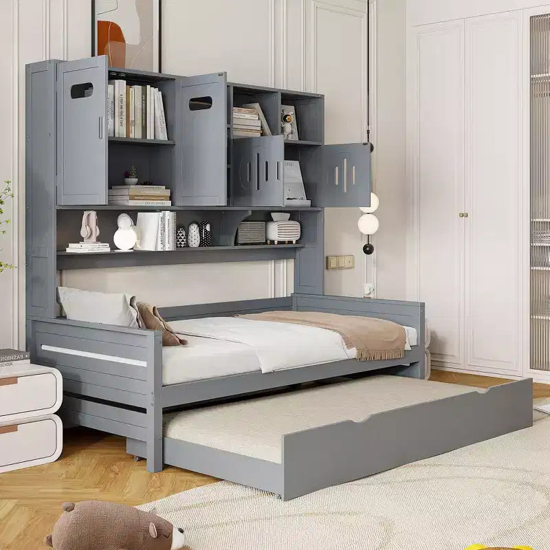 Twin/Full Daybed with and Storage Bookcase, Wood Daybed with Trundle, Wooden Day Bed with Storage Cabinets Shelves