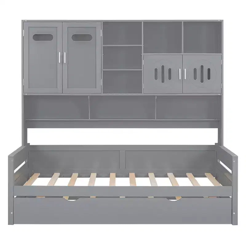 Twin/Full Daybed with and Storage Bookcase, Wood Daybed with Trundle, Wooden Day Bed with Storage Cabinets Shelves