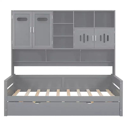 Twin/Full Daybed with and Storage Bookcase, Wood Daybed with Trundle, Wooden Day Bed with Storage Cabinets Shelves