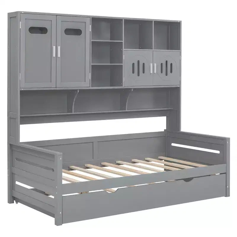 Twin/Full Daybed with and Storage Bookcase, Wood Daybed with Trundle, Wooden Day Bed with Storage Cabinets Shelves