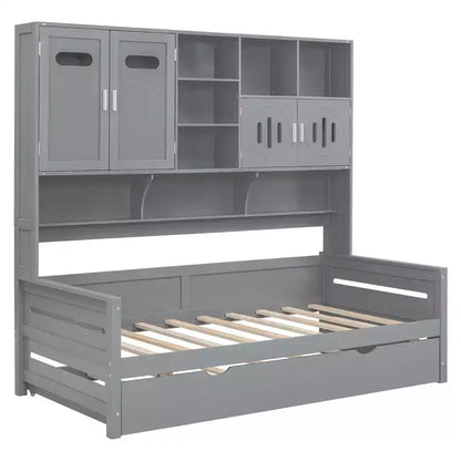Twin/Full Daybed with and Storage Bookcase, Wood Daybed with Trundle, Wooden Day Bed with Storage Cabinets Shelves