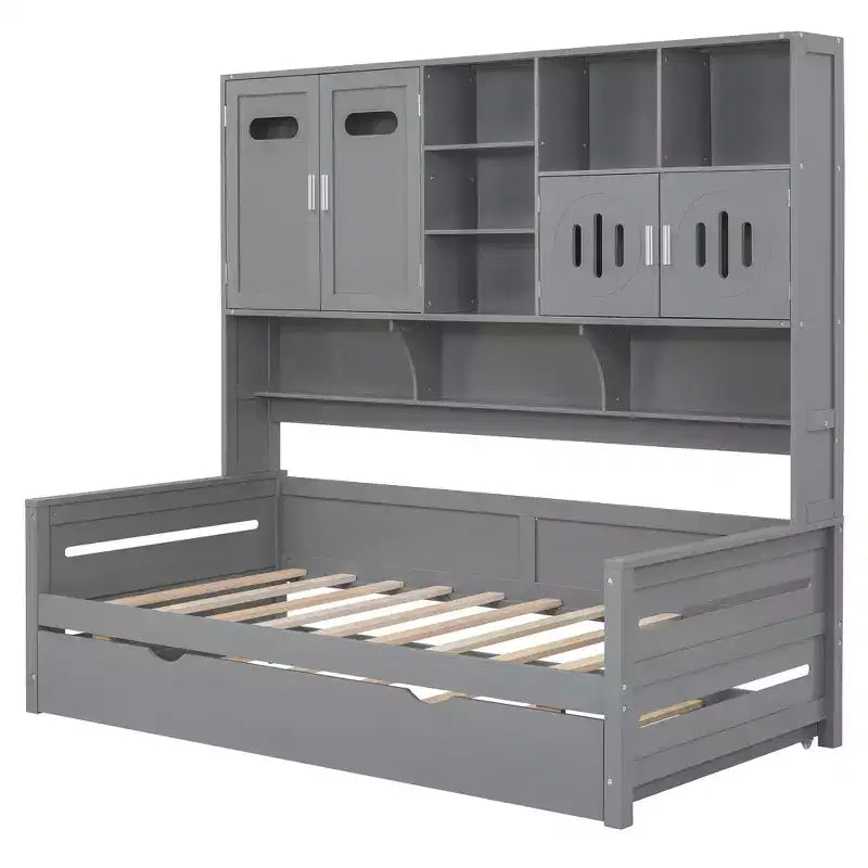 Twin/Full Daybed with and Storage Bookcase, Wood Daybed with Trundle, Wooden Day Bed with Storage Cabinets Shelves