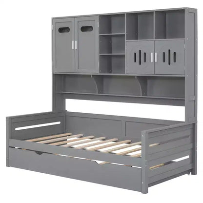 Twin/Full Daybed with and Storage Bookcase, Wood Daybed with Trundle, Wooden Day Bed with Storage Cabinets Shelves