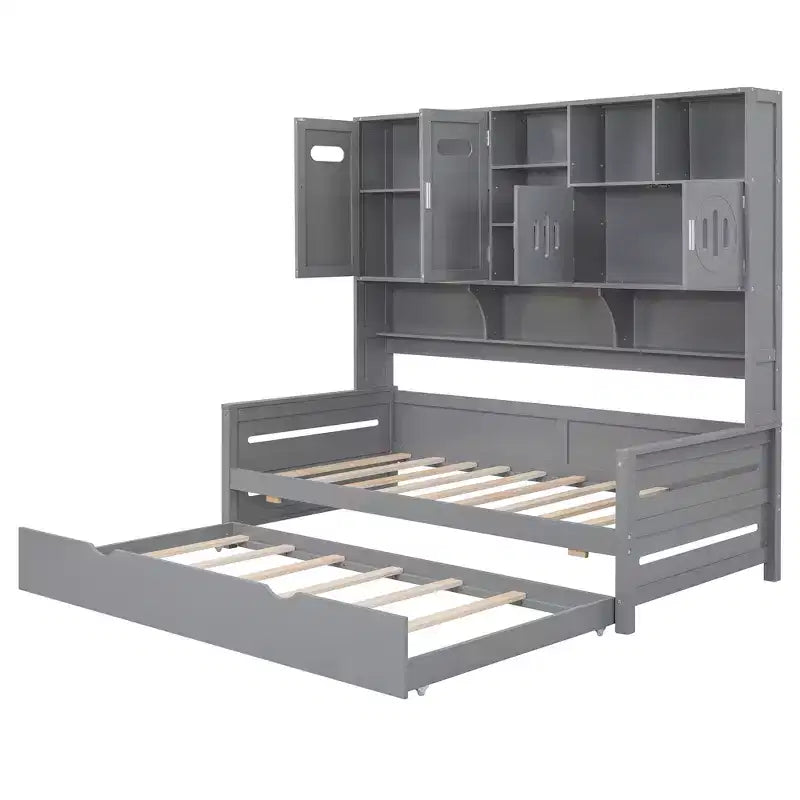 Twin/Full Daybed with and Storage Bookcase, Wood Daybed with Trundle, Wooden Day Bed with Storage Cabinets Shelves