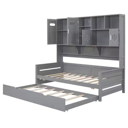 Twin/Full Daybed with and Storage Bookcase, Wood Daybed with Trundle, Wooden Day Bed with Storage Cabinets Shelves