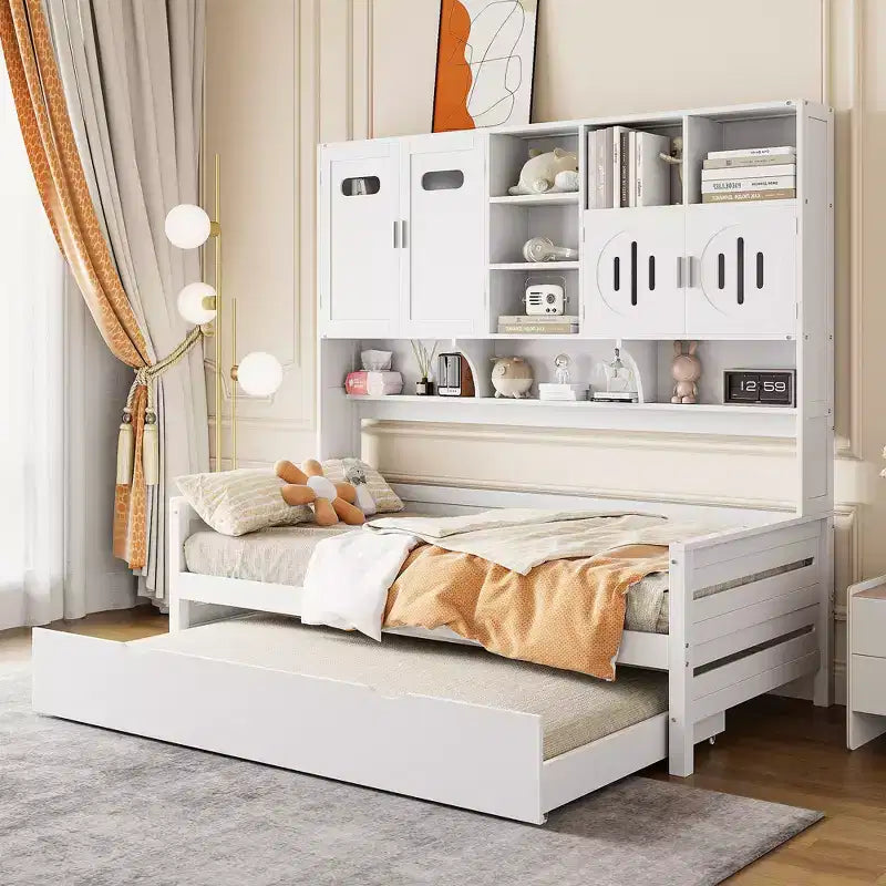 Twin/Full Daybed with and Storage Bookcase, Wood Daybed with Trundle, Wooden Day Bed with Storage Cabinets Shelves
