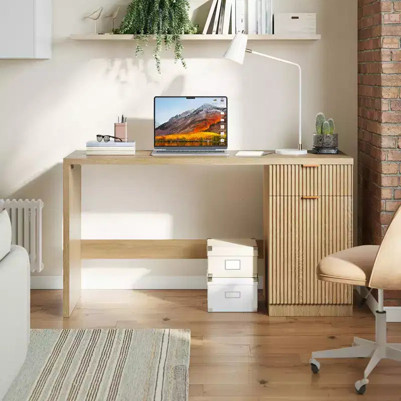 60 Executive Desk with Storage, Modern Home Office Desk with Drawer & Cabinet, Wood Fluted Computer Desks Workstation Writing Conference Table