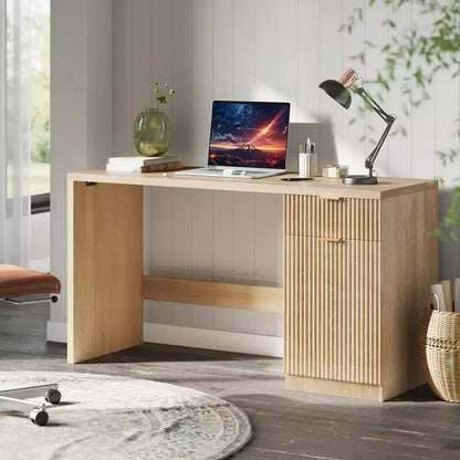 60 Executive Desk with Storage, Modern Home Office Desk with Drawer & Cabinet, Wood Fluted Computer Desks Workstation Writing Conference Table