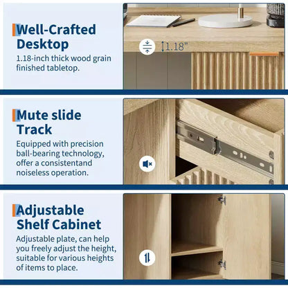 60 Executive Desk with Storage, Modern Home Office Desk with Drawer & Cabinet, Wood Fluted Computer Desks Workstation Writing Conference Table