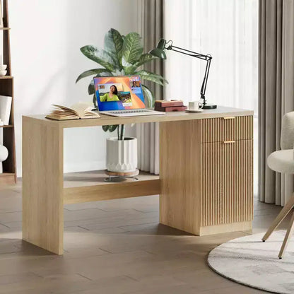 60 Executive Desk with Storage, Modern Home Office Desk with Drawer & Cabinet, Wood Fluted Computer Desks Workstation Writing Conference Table