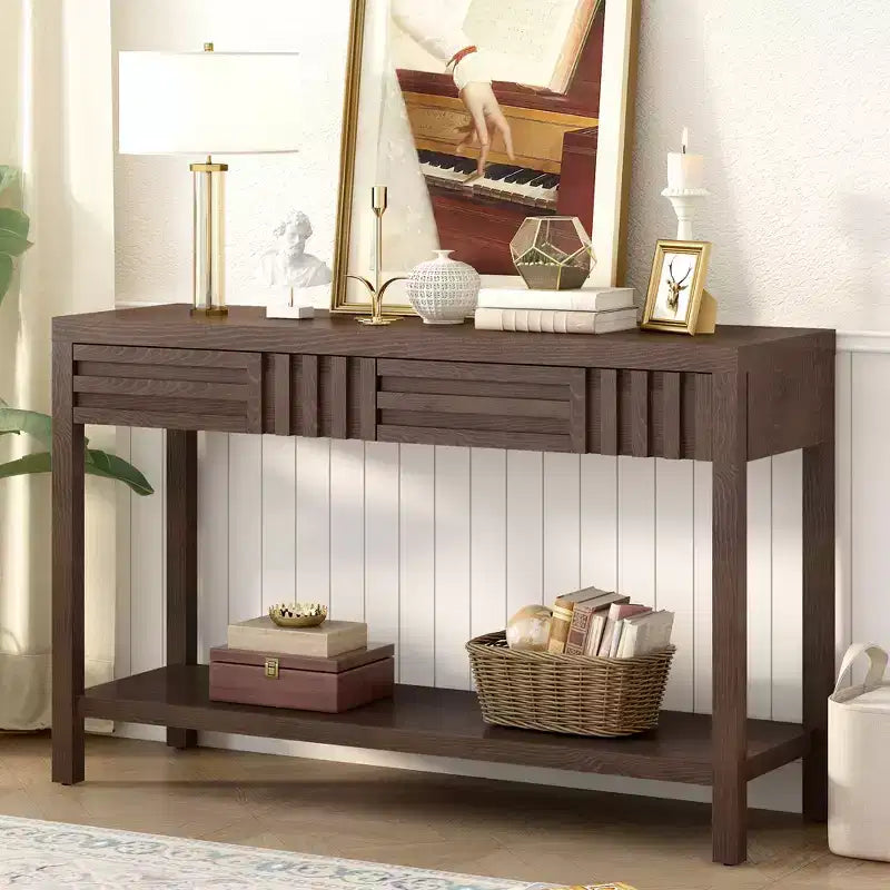 Wood Console Table with Storage, Modern Entryway Table with Striped Design for Living Room and Study
