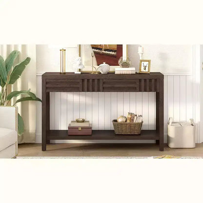 Wood Console Table with Storage, Modern Entryway Table with Striped Design for Living Room and Study