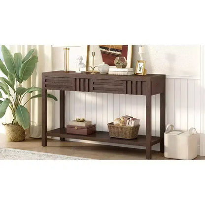 Wood Console Table with Storage, Modern Entryway Table with Striped Design for Living Room and Study