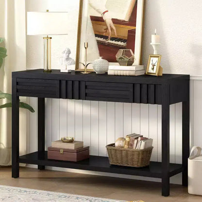 Wood Console Table with Storage, Modern Entryway Table with Striped Design for Living Room and Study