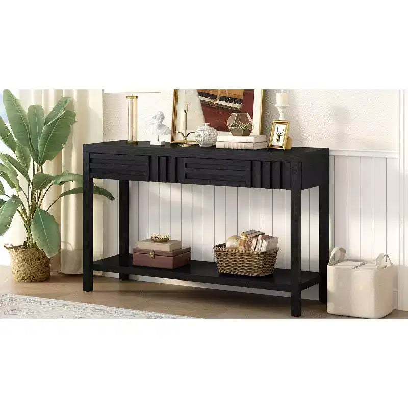 Wood Console Table with Storage, Modern Entryway Table with Striped Design for Living Room and Study