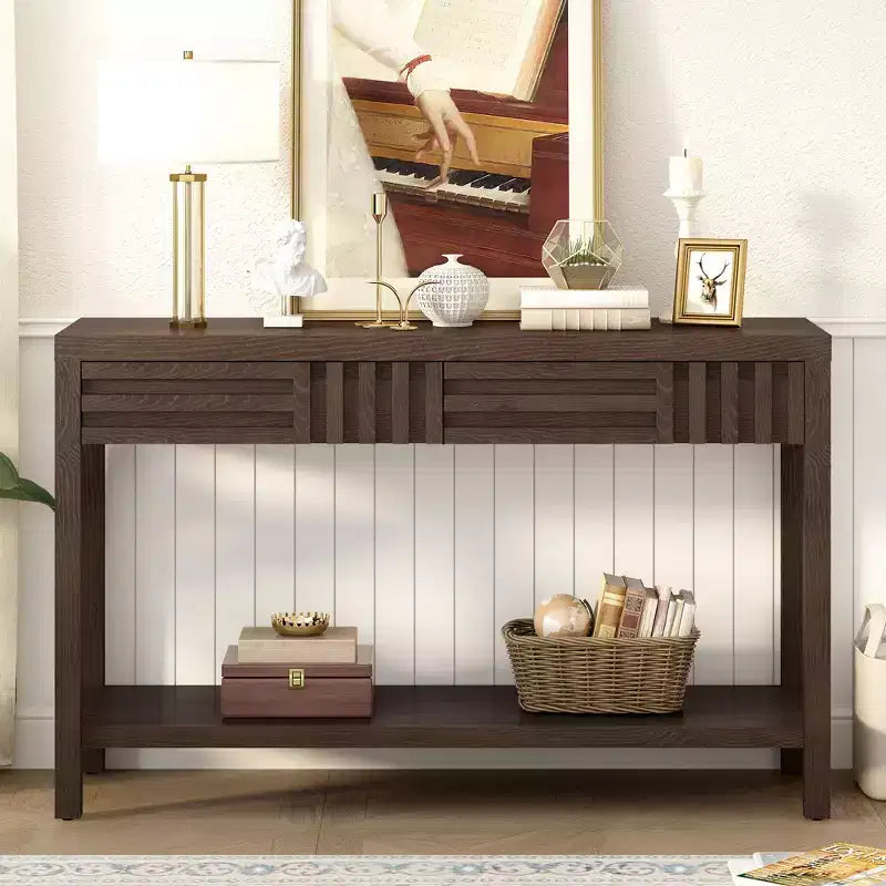 Wood Console Table with Storage, Modern Entryway Table with Striped Design for Living Room and Study