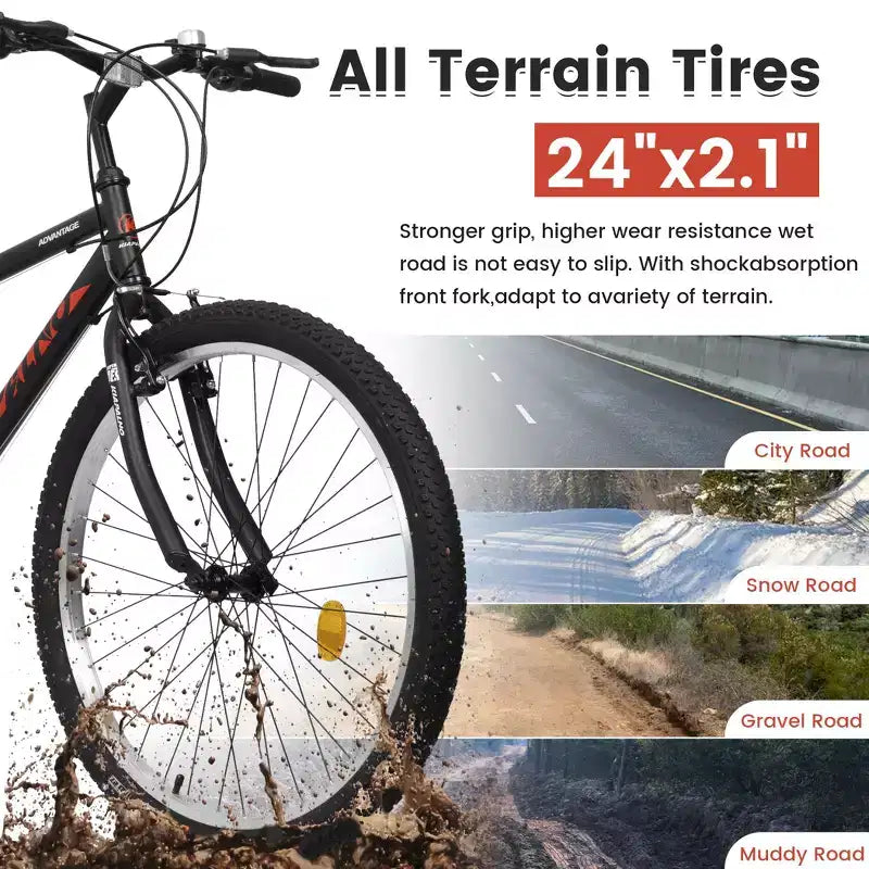 VTT Okak 24 pouces avec cadre en acier au carbone, vélo pour enfants à 21 vitesses avec double frein en V et selle ergonomique, vélo pour les trajets quotidiens et les voyages